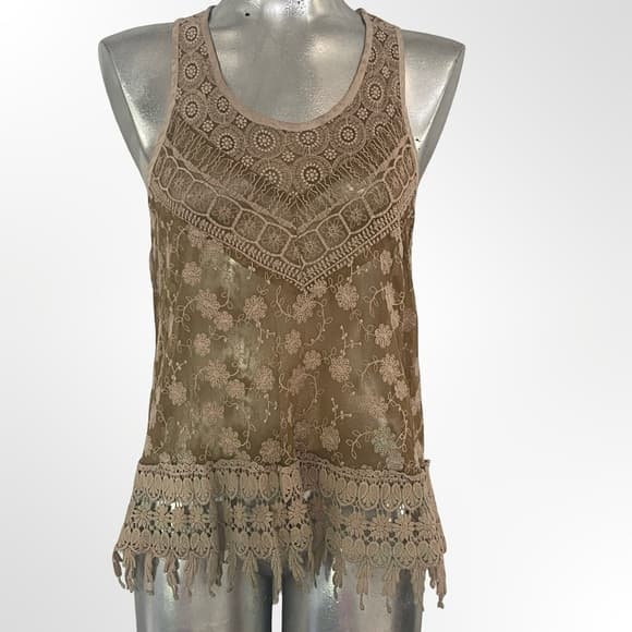 Sleeveless Crochet-Trim Taupe Tank Top - Thumbnail 5