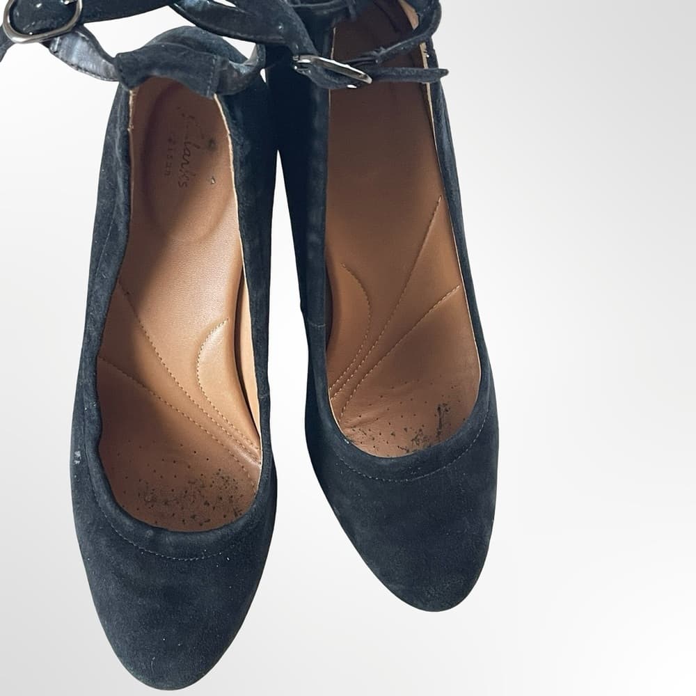 Clarks Black Suede Ankle-Strap Block Heels in 8.5 - Thumbnail 4