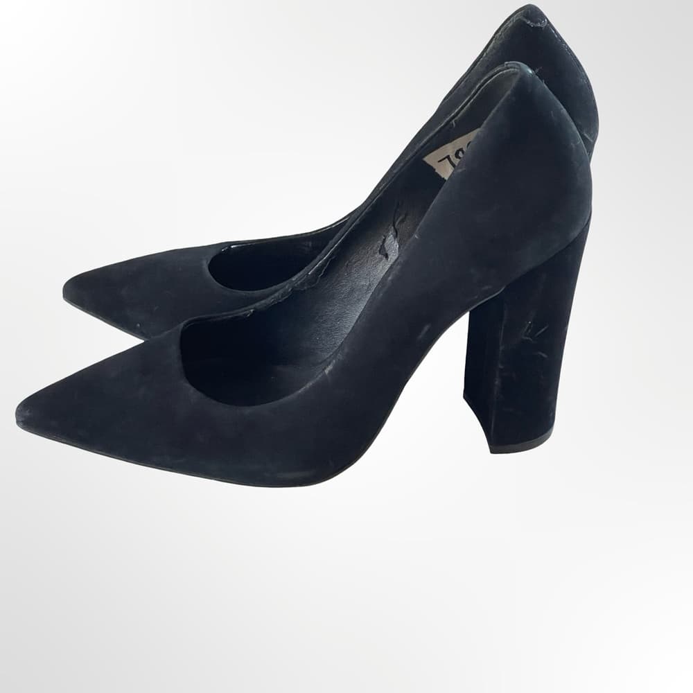Steve Madden Black Suede Pointed Toe Block Heel Pumps - Thumbnail 2