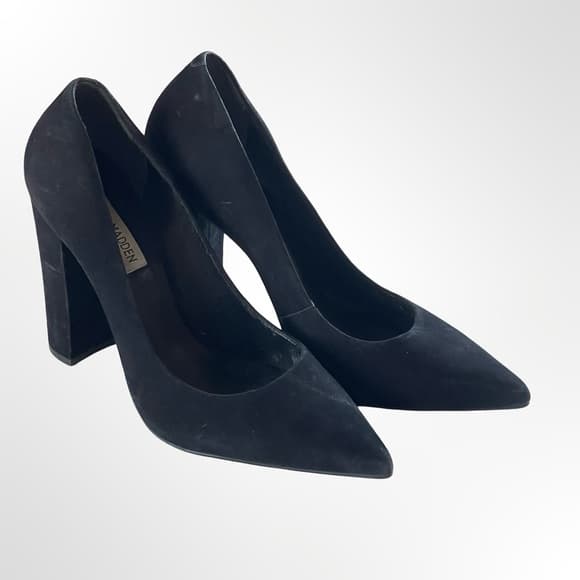 Steve Madden Black Suede Pointed Toe Block Heel Pumps - Thumbnail 9