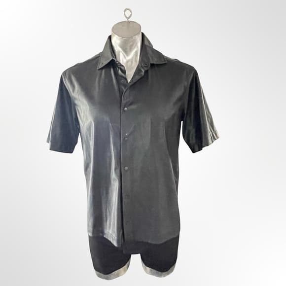 Medium Black Short Sleeve Button-Up Rubber like Shirt - Thumbnail 6