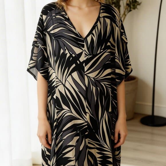 Anne Cole Black Cream Palm-Leaf Swim Coverup - Thumbnail 5
