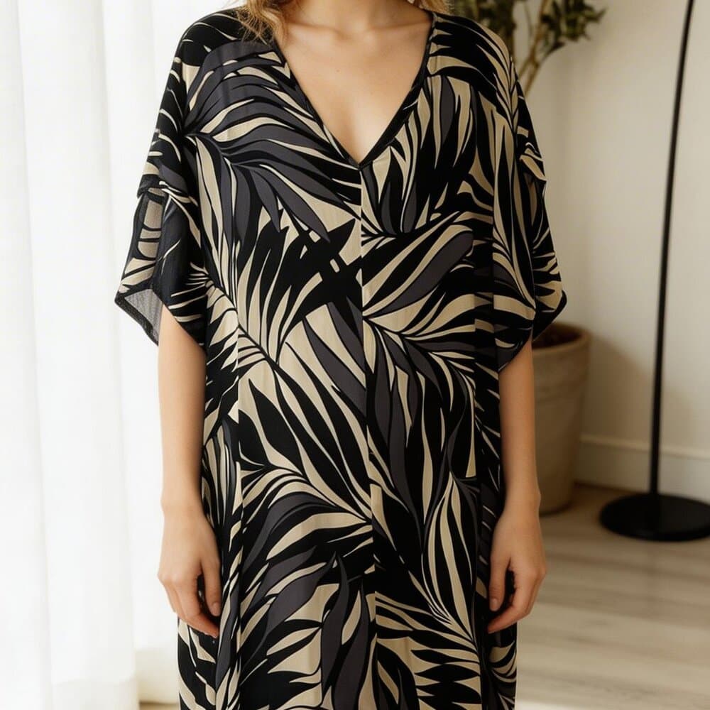 Anne Cole Black Cream Palm-Leaf Swim Coverup - Thumbnail 4