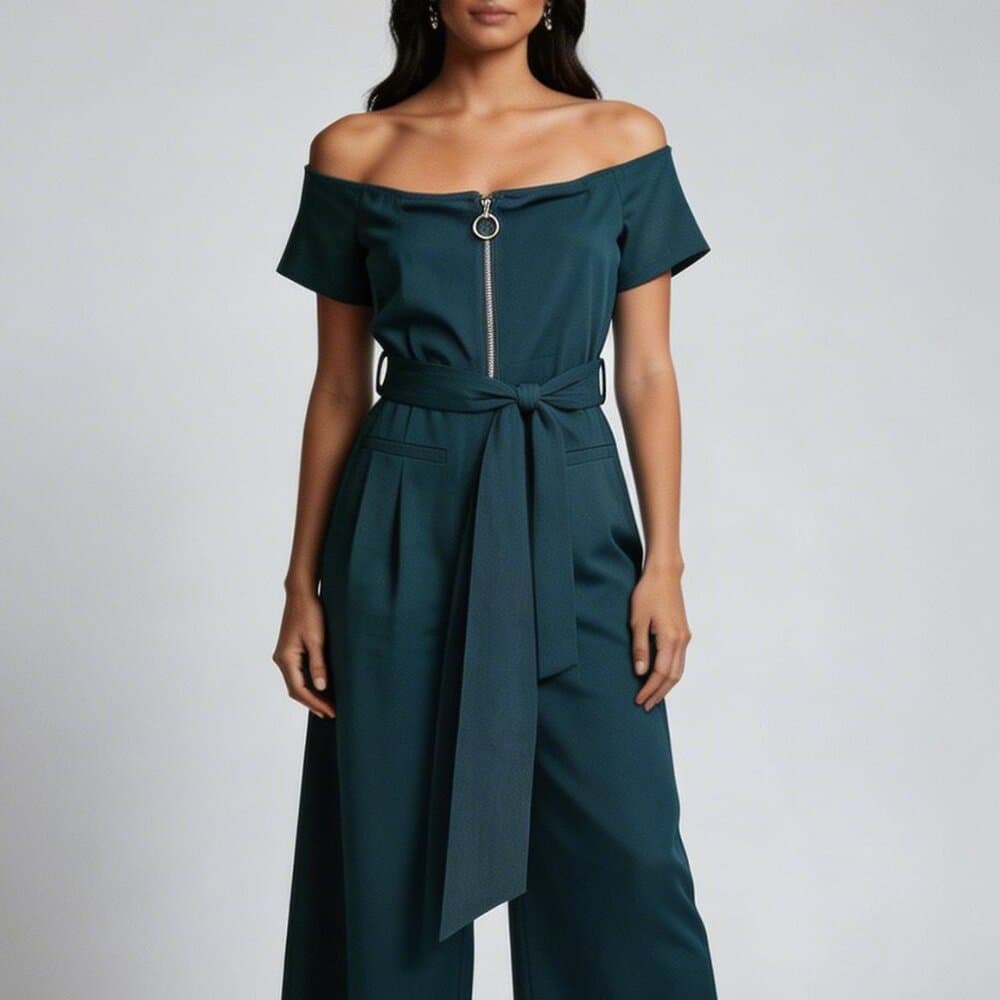 essue Teal Short-Sleeve Wide-Leg Belted Jumpsuit with Front Zip - Thumbnail 6