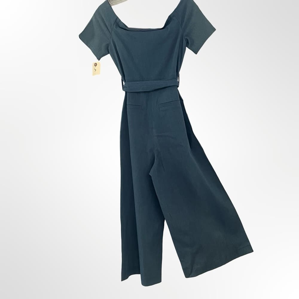 essue Teal Short-Sleeve Wide-Leg Belted Jumpsuit with Front Zip - Thumbnail 5
