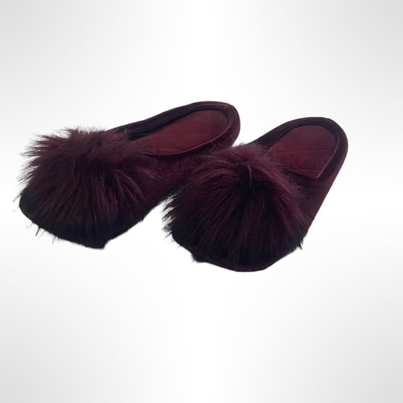 Elegant Burgundy Fur Pom-Pom Women's Slippers size 7.5 - Thumbnail 6
