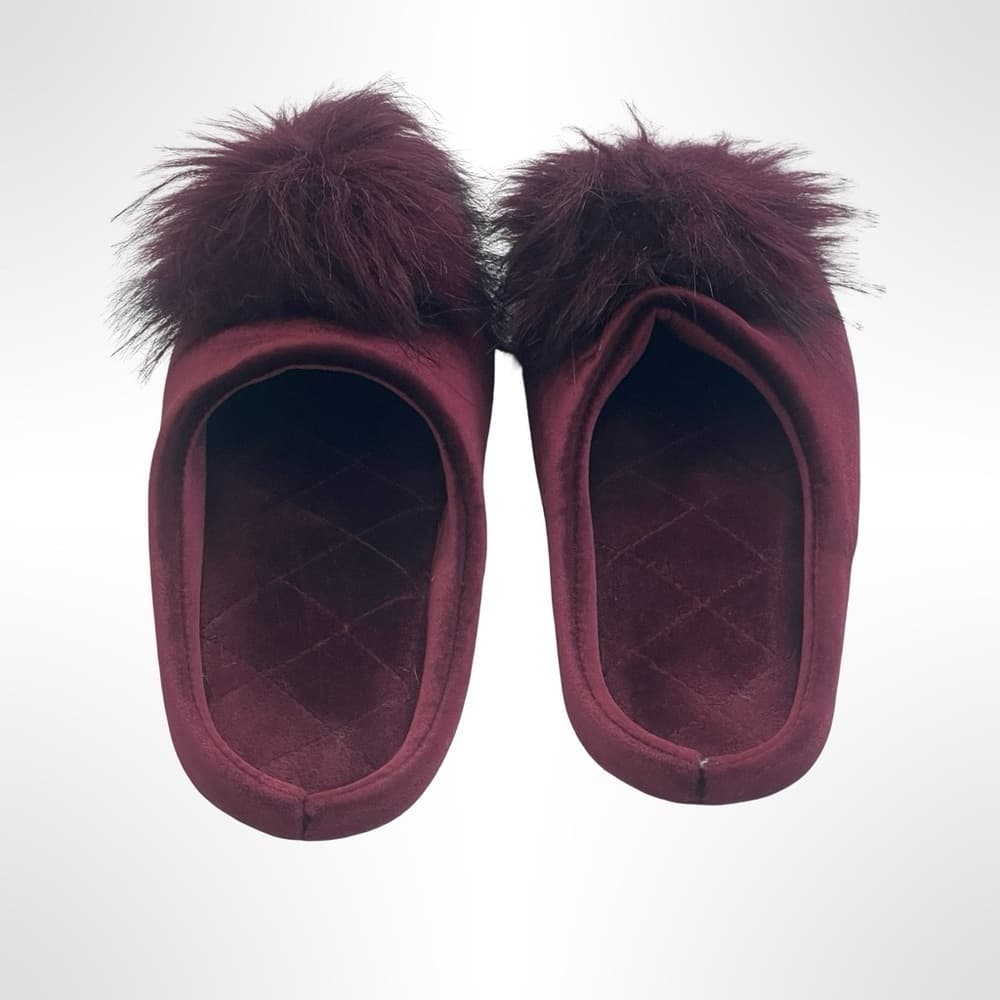 Elegant Burgundy Fur Pom-Pom Women's Slippers size 7.5 - Thumbnail 2