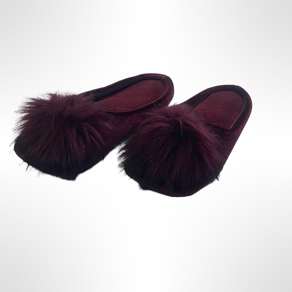 Elegant Burgundy Fur Pom-Pom Women's Slippers size 7.5 - Thumbnail 5