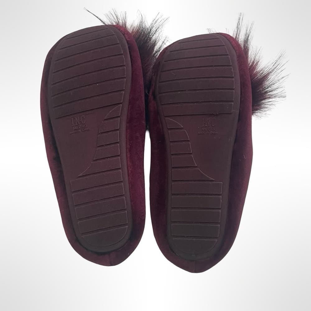 Elegant Burgundy Fur Pom-Pom Women's Slippers size 7.5 - Thumbnail 3