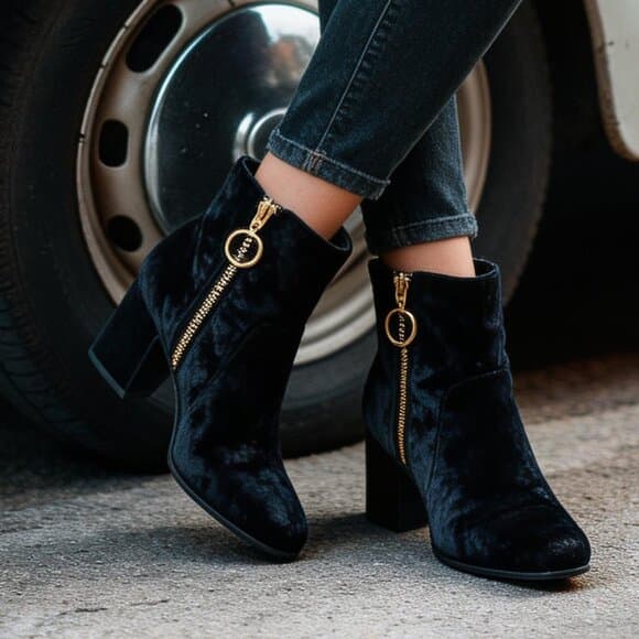 Charlotte Russe Black Velvet Ankle Booties w. Gold Ring Zip - Thumbnail 8