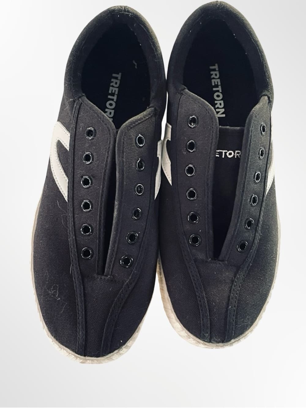 Tretorn Black Canvas Slip-On Sneakers w. White Side Chevron