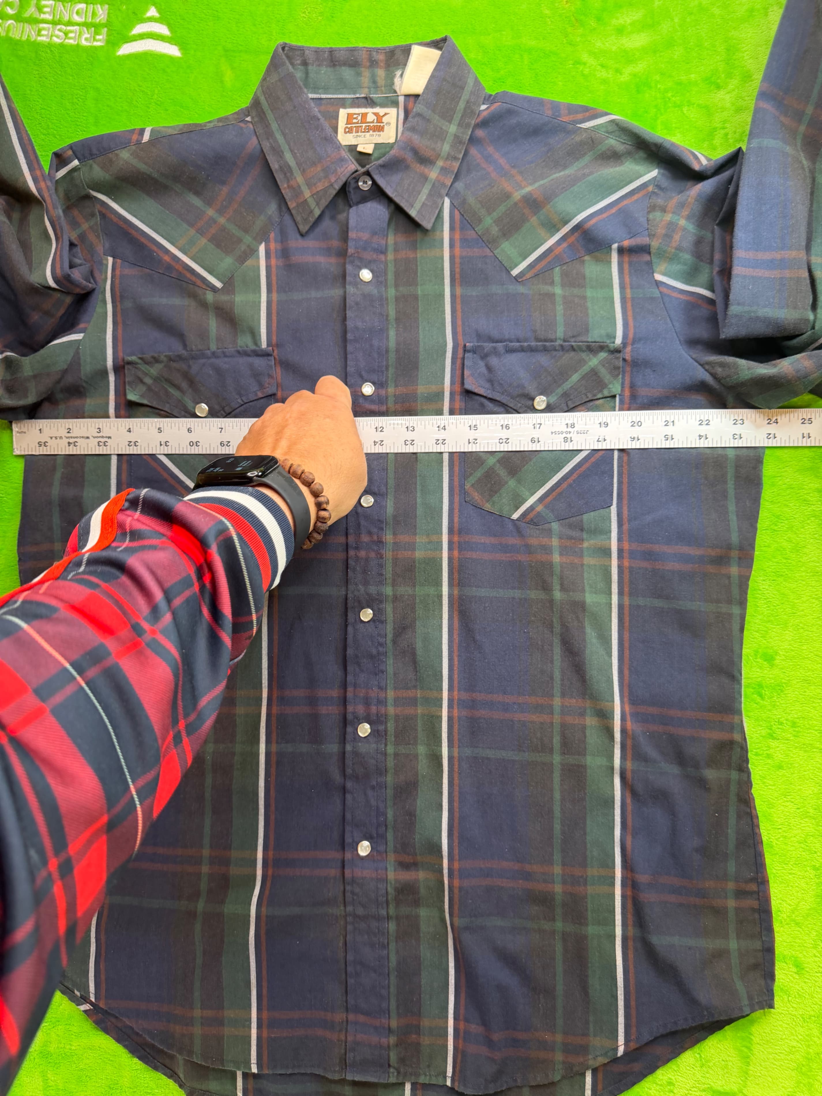 Vtg Ely Cattleman Pearl Snap Western Shirt Mens Sz L Navy Green Plaid - Thumbnail 3