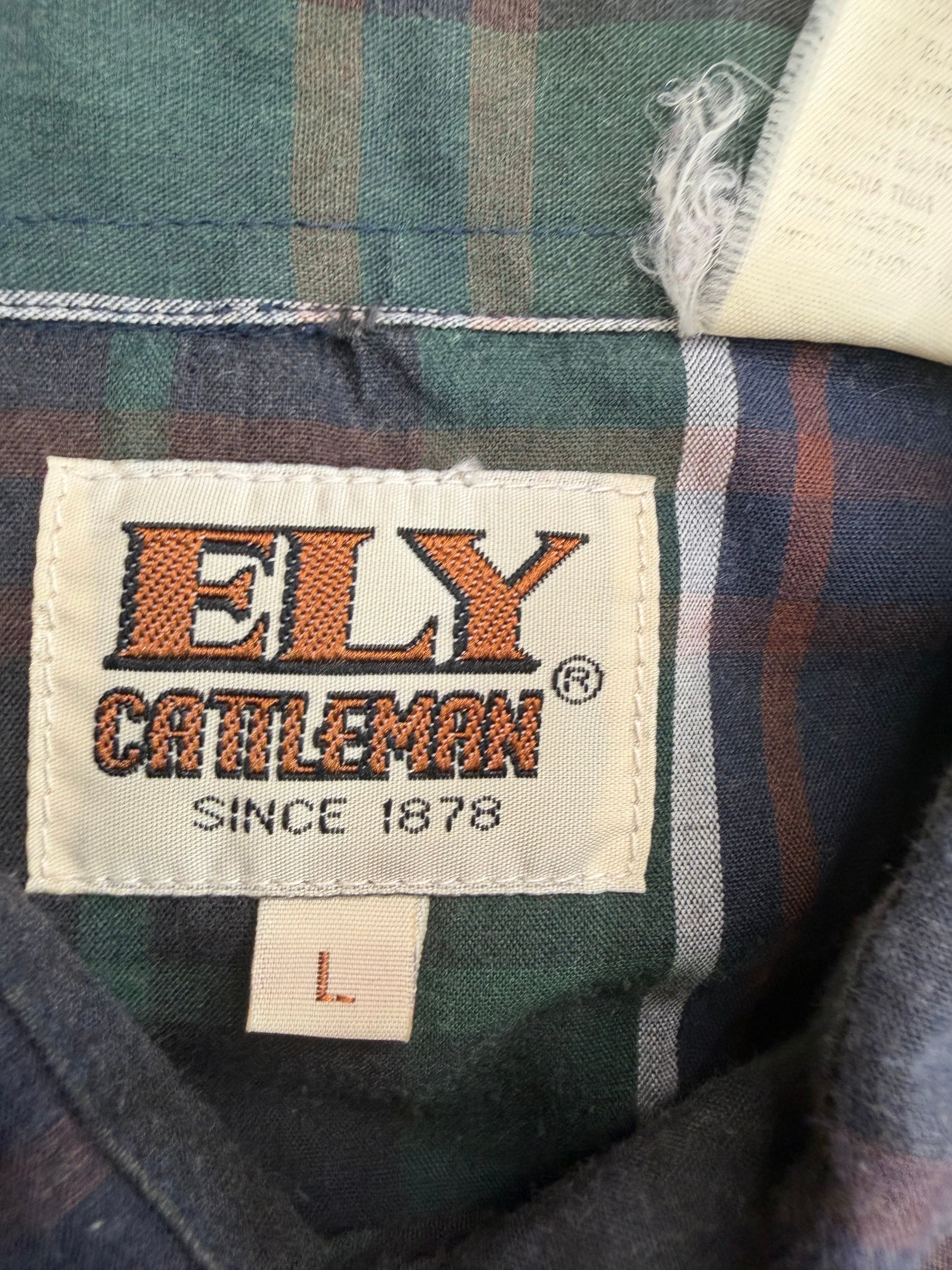 Vtg Ely Cattleman Pearl Snap Western Shirt Mens Sz L Navy Green Plaid - Thumbnail 4
