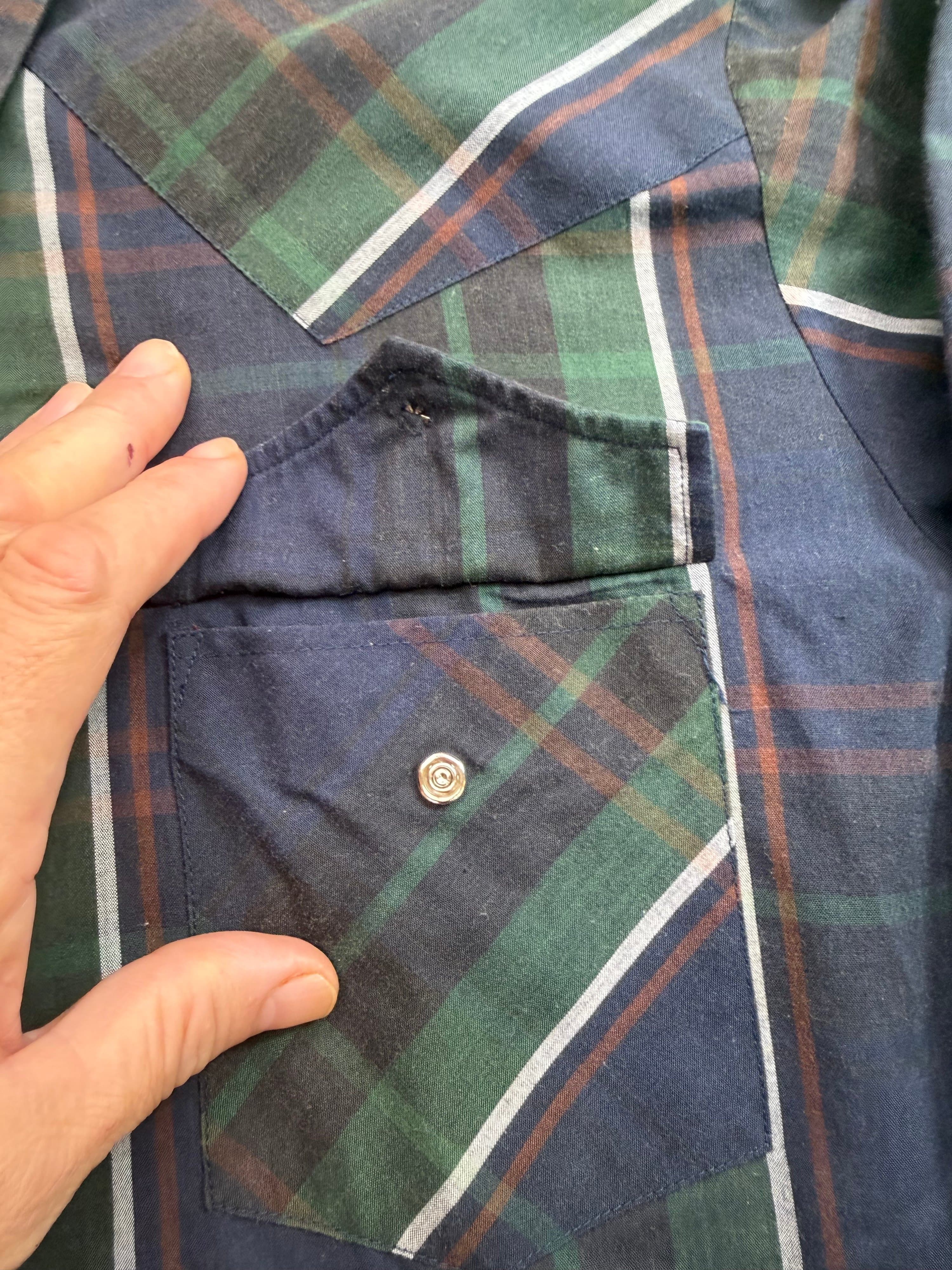 Vtg Ely Cattleman Pearl Snap Western Shirt Mens Sz L Navy Green Plaid - Thumbnail 5
