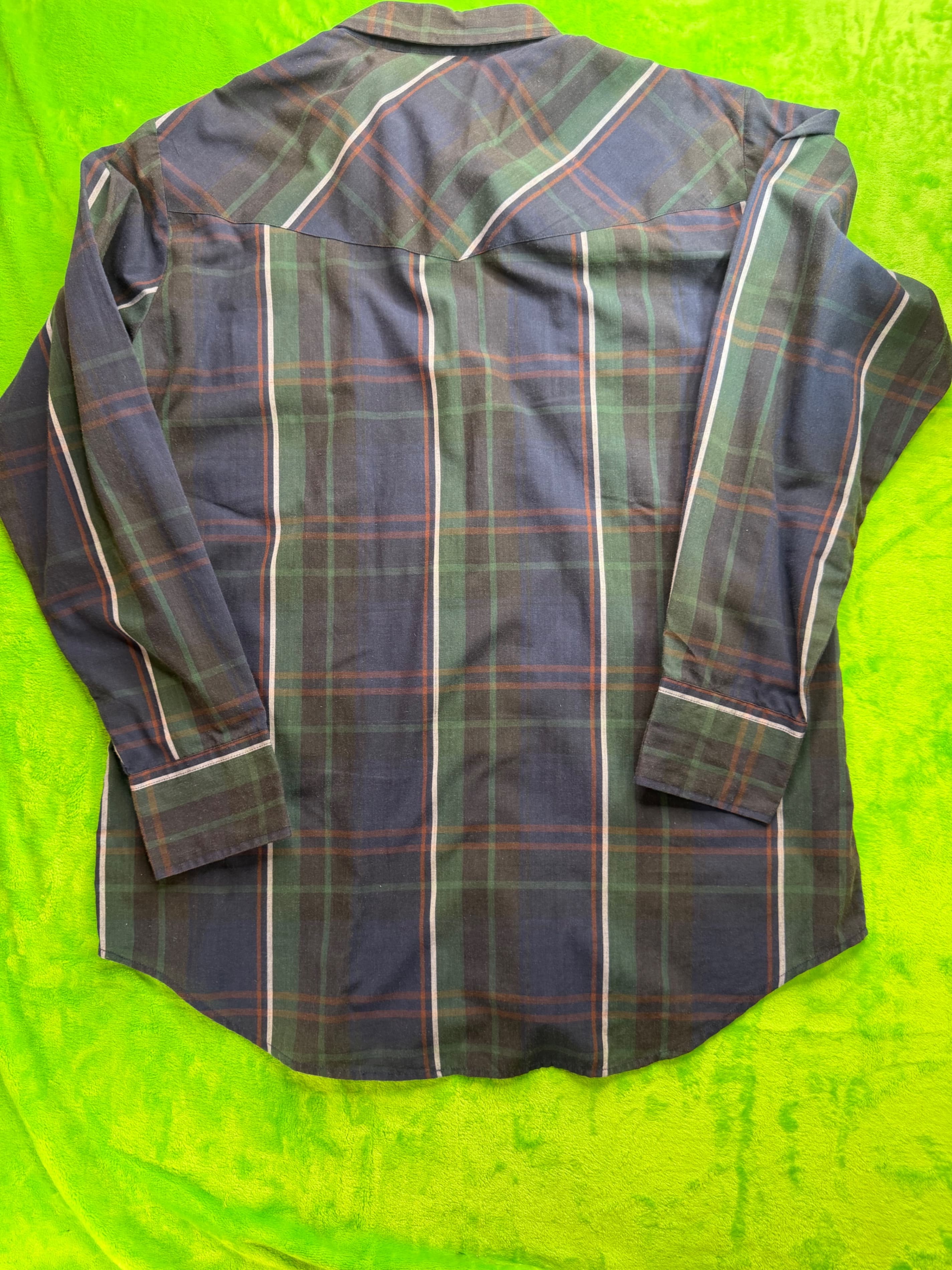 Vtg Ely Cattleman Pearl Snap Western Shirt Mens Sz L Navy Green Plaid - Thumbnail 2
