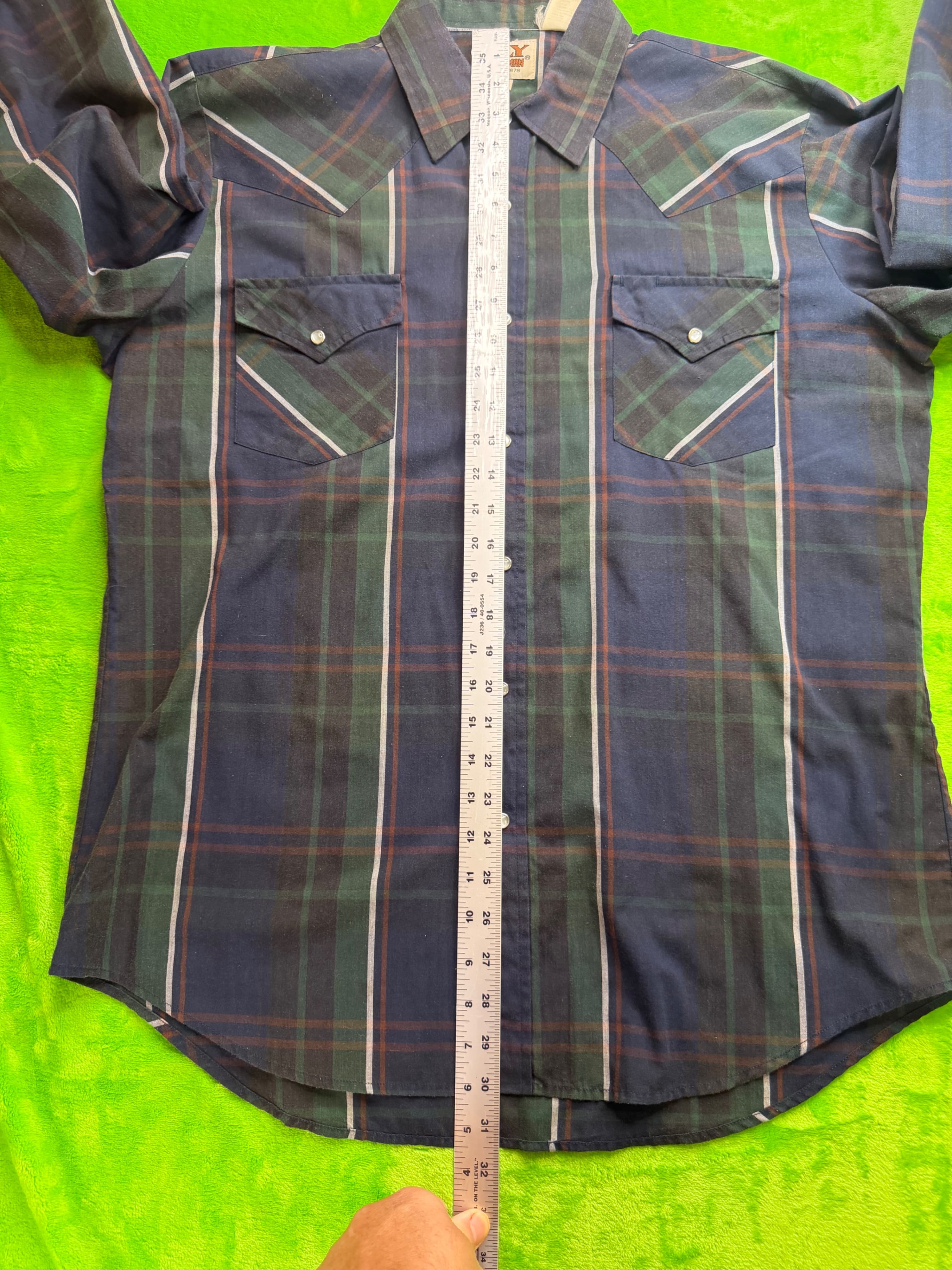 Vtg Ely Cattleman Pearl Snap Western Shirt Mens Sz L Navy Green Plaid - Thumbnail 7