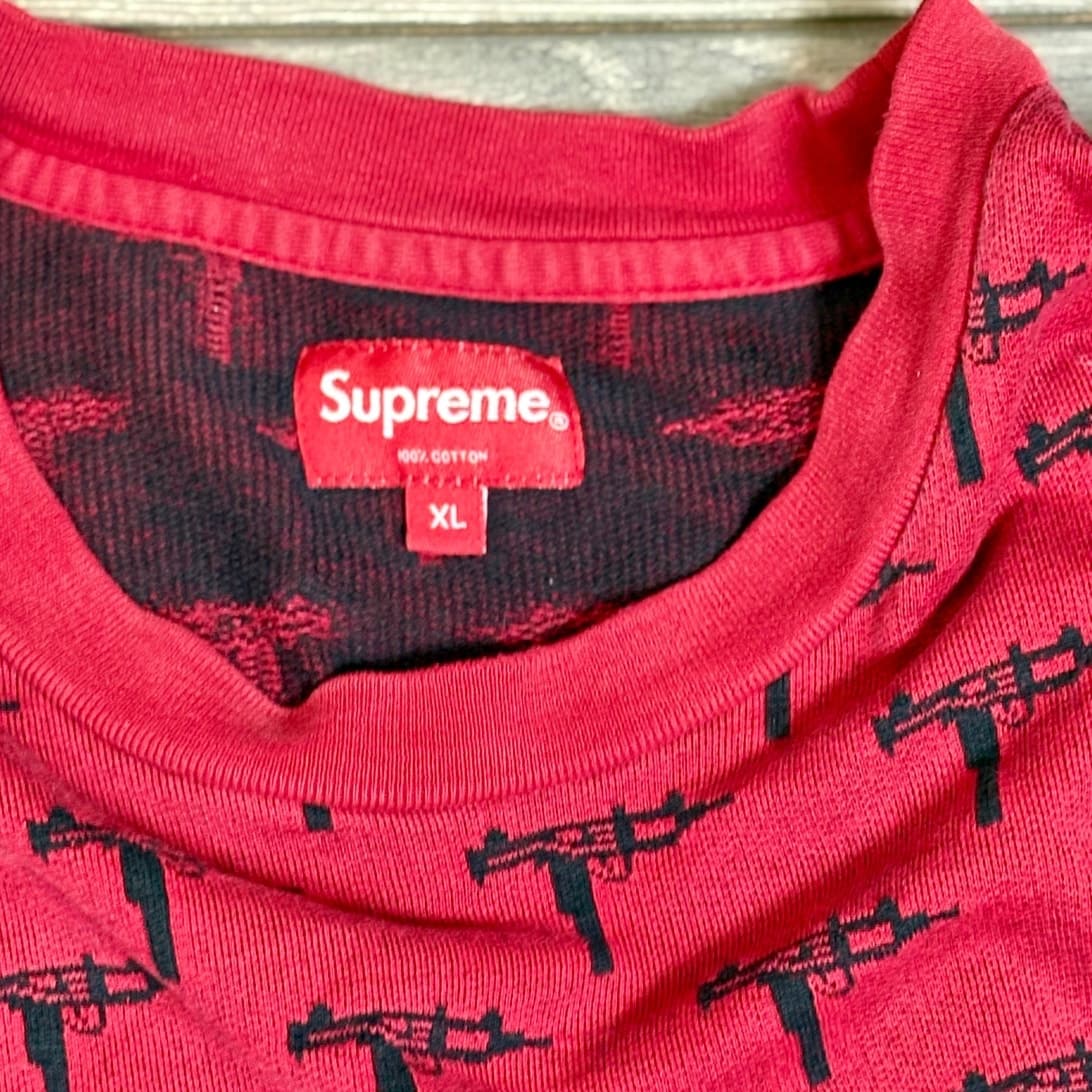 Supreme Uzi Print Pocket Long Sleeve Shirt Red XL FW13 All Over Gun Graphic Rare - Thumbnail 2