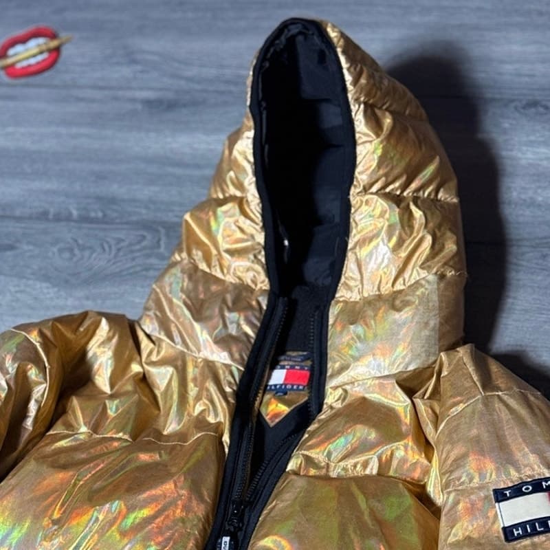 Tommy Hilfiger Gold Holographic Puffer Jacket Hooded Metallic Winter Coat Mens - Thumbnail 2