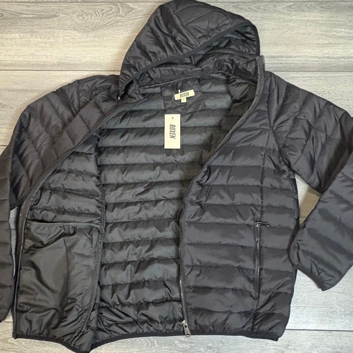 RUXEN Lightweight Hooded Puffer Jacket Men’s Large Black Packable BNWT - Thumbnail 2