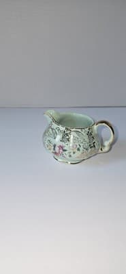 Wadeheath England Floral Green Ceramic Creamer 10 oz Gold Trim MCM 1950s - Thumbnail 2