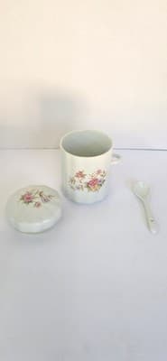 Vintage F.T.D.A. Floral Ceramic Sugar Bowl w/ Lid & Spoon - Thumbnail 2
