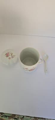 Vintage F.T.D.A. Floral Ceramic Sugar Bowl w/ Lid & Spoon - Thumbnail 4