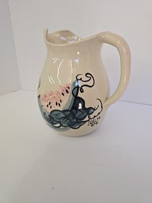 Vintage Ellis Pottery pitcher features a cream-colored glaze and hand-painted - Thumbnail 5