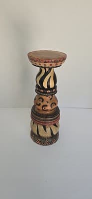 Hand-Painted Wooden Tribal Round Pillar Candle Holder - Thumbnail 2