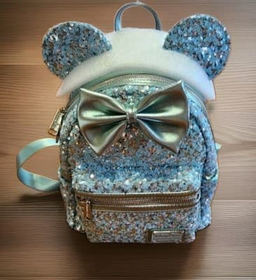 Loungefly Disney Parks Minnie Mouse Arendelle Aqua Sequin Mini Backpack NWT - Thumbnail 2