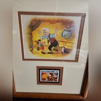 Framed Pinocchio Drawing with 1980s Stamp - Thumbnail 2