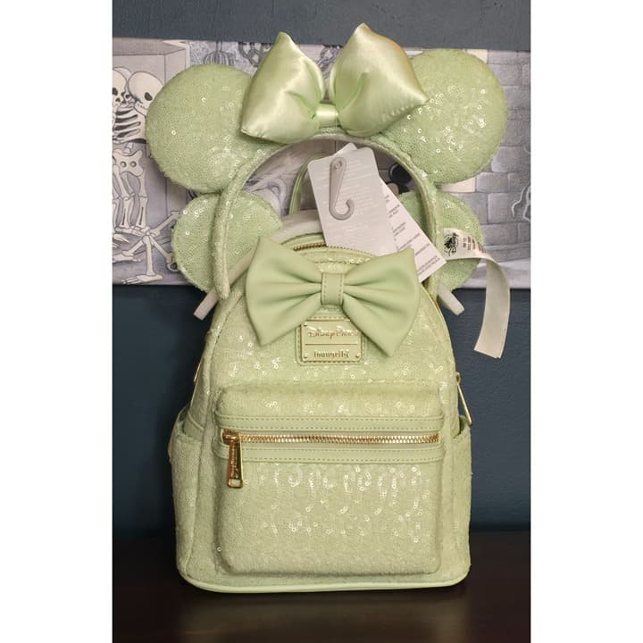 Loungefly Disney Parks Minnie Mouse Sequined Mint Backpack & Ears
