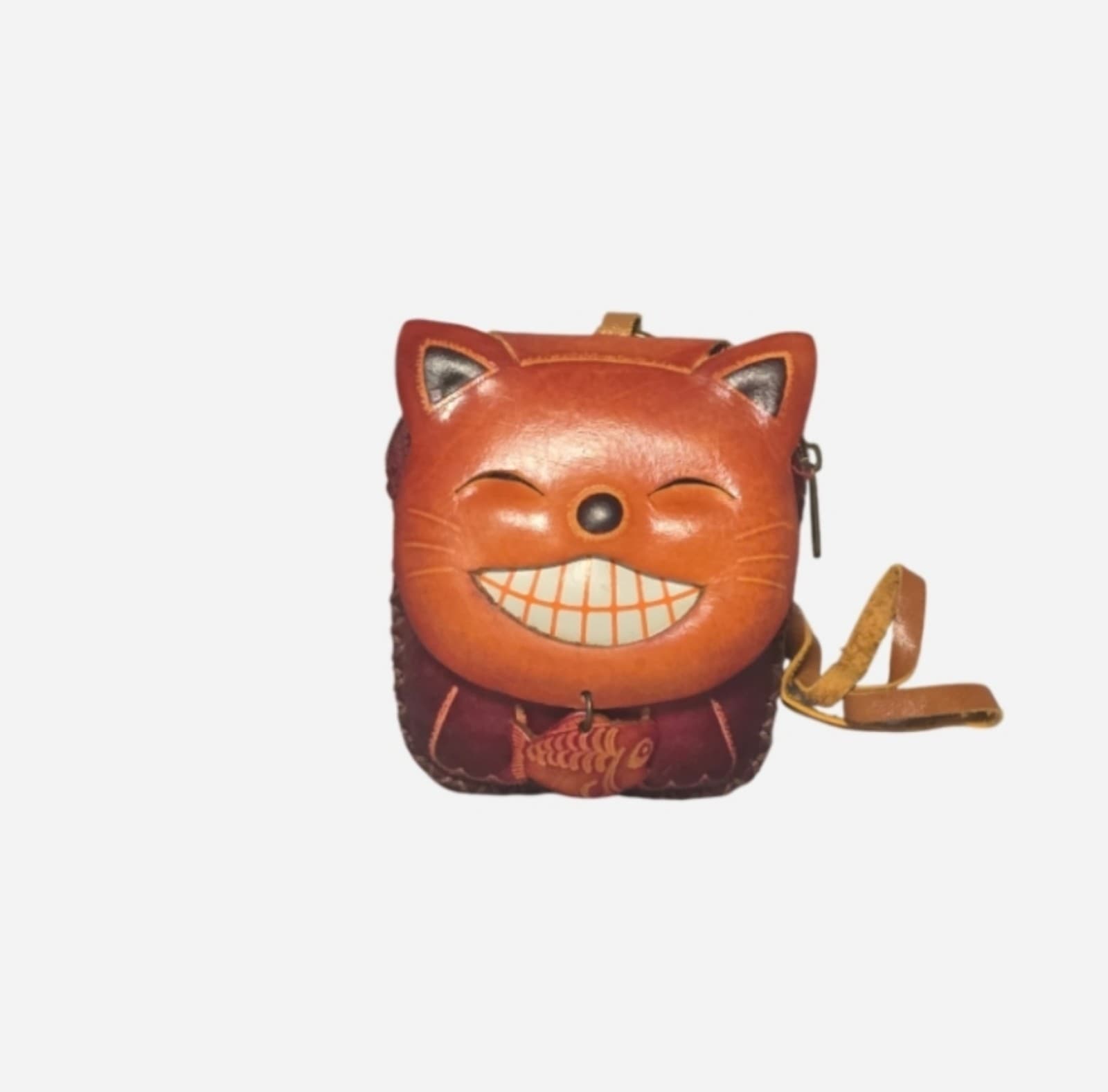Real Leather Cat With Fish Wristlet Wallet Change Coin Purse Zip Closure Charm