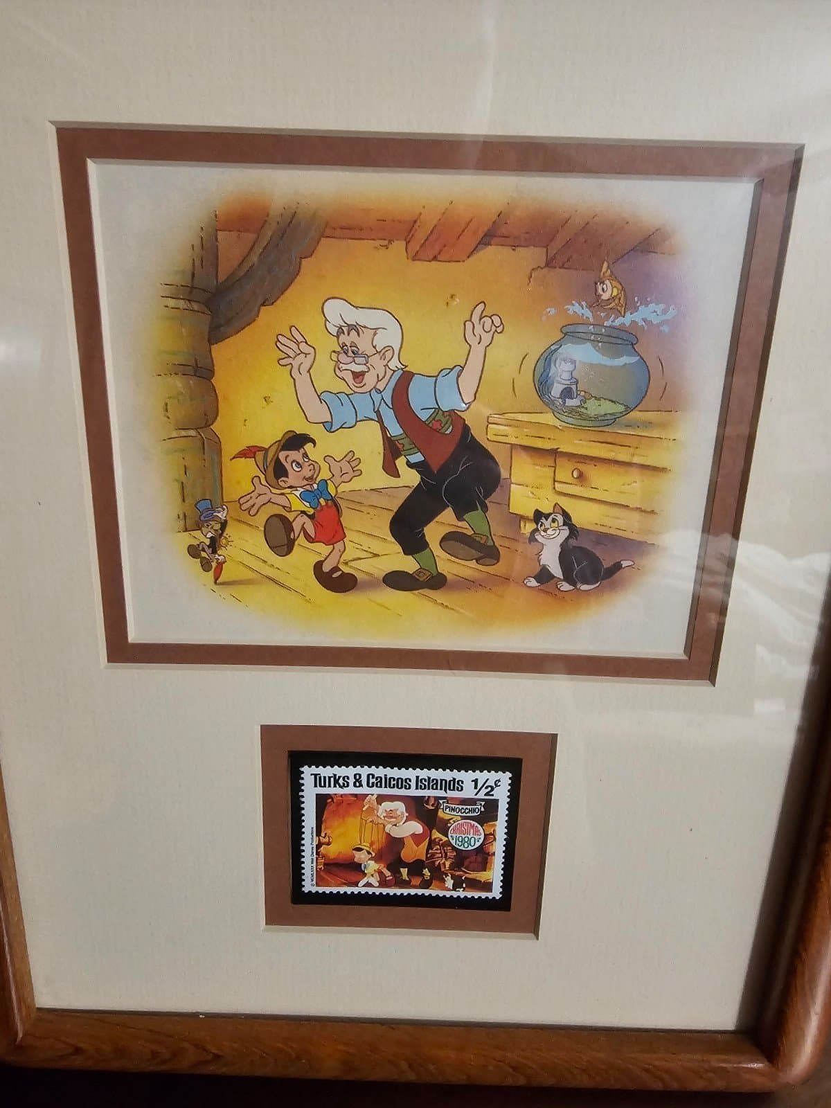 Framed Pinocchio Drawing with 1980s Stamp - Thumbnail 2