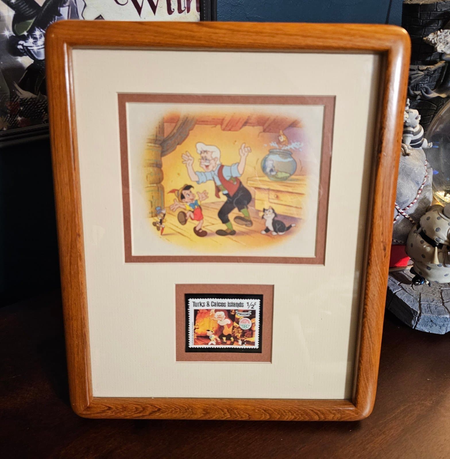 Framed Pinocchio Drawing with 1980s Stamp