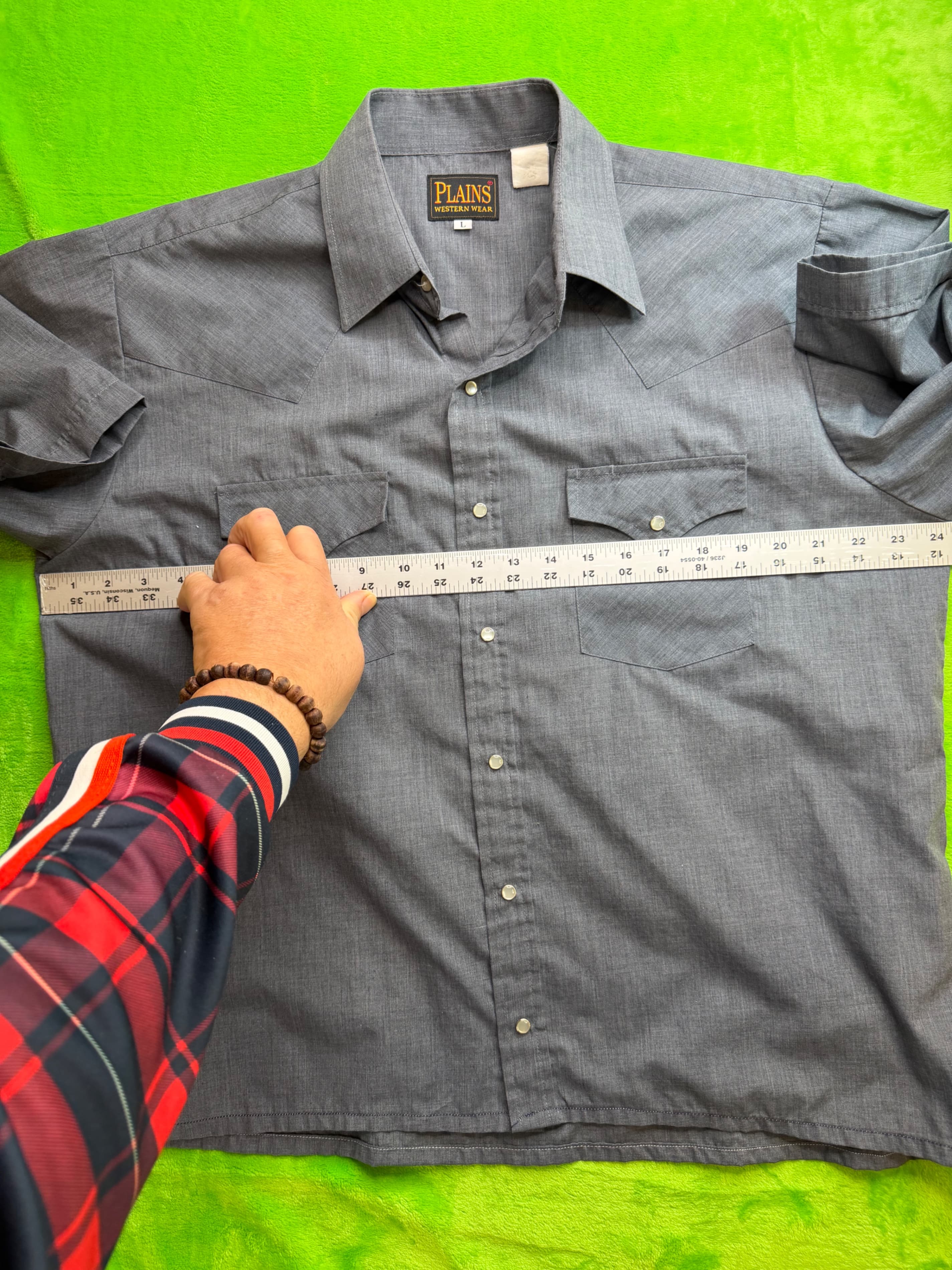 Vtg Plains Western Wear Pearl Snap SS Shirt Mens Sz L Gray Chambray Yoke - Thumbnail 8
