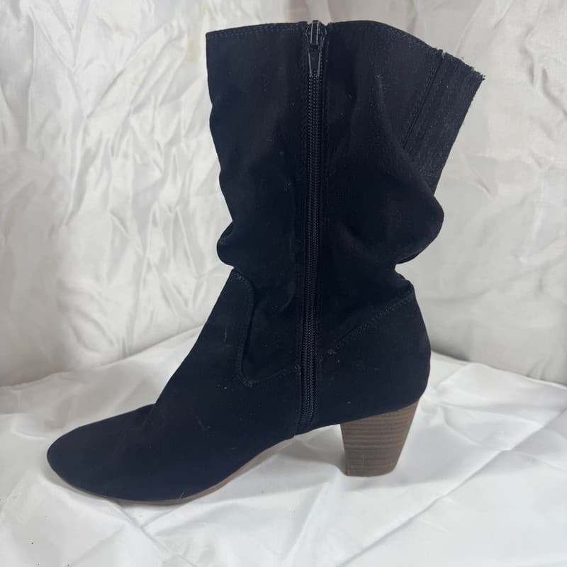 Black Suede Ruched Ankle Boots with Block Heel - Side Zipper