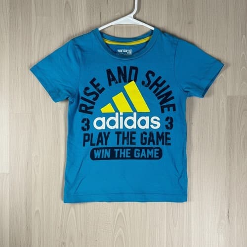 Adidas Boys Blue Graphic T-Shirt Size 5 Cotton 'Rise and Shine' Short Sleeve Tee