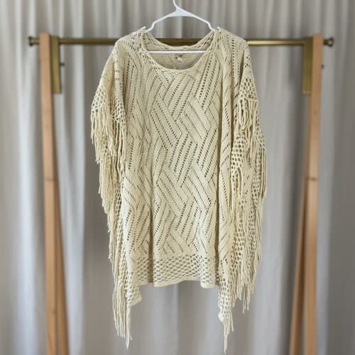 Bazzarra New York Women's Cream Crochet Knit Geometric Fringe Poncho One Size