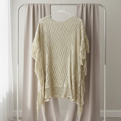 Bazzarra New York Women's Cream Crochet Knit Geometric Fringe Poncho One Size - Thumbnail 2