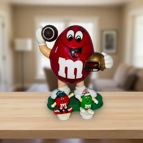 M&M's Red Football Candy Dispenser + 2 Holiday Ornaments Set Used Good