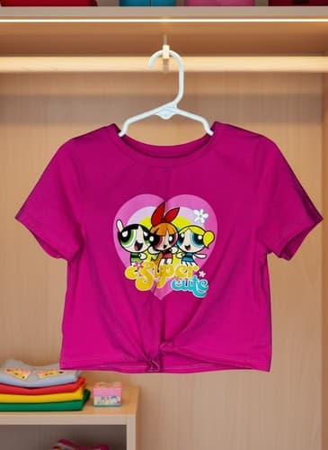 SHEIN Powerpuff Girls Super Cute Graphic Crop T-Shirt Kids Size 5Y Hot Pink