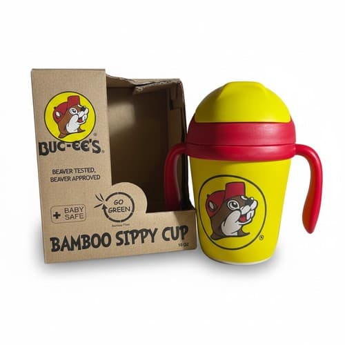 Buc-ee's Bamboo Fibre Sippy Cup 10oz BPA Free Yellow Red New - Thumbnail 2