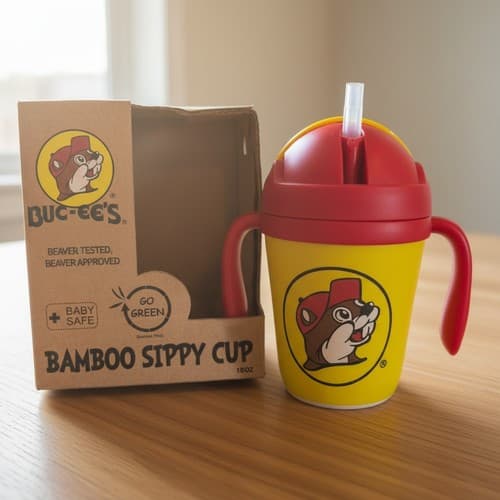 Buc-ee's Bamboo Fibre Sippy Cup 10oz BPA Free Yellow Red New