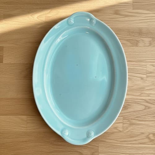 Vintage Lu-Ray Pastels Turquoise Oval Serving Platter T.S.&T. USA 1943 Ceramic - Thumbnail 2