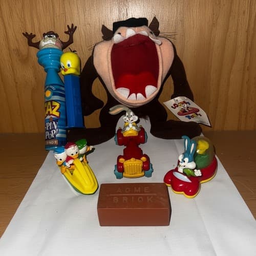Looney Tunes Disney 1990s Toy Lot 7pc Taz Plush Cars PEZ Acme Brick