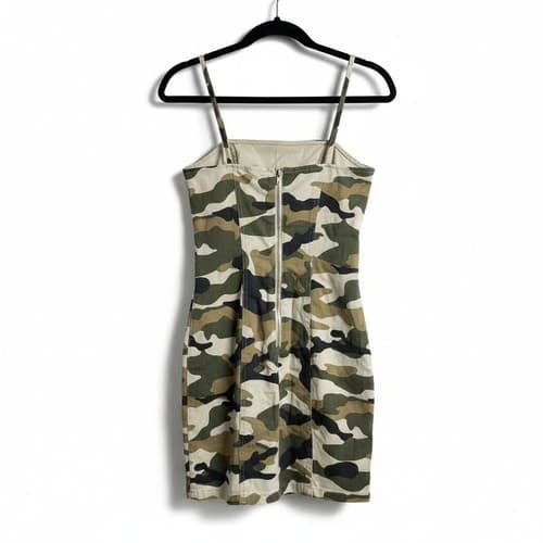 H&M Divided Camo Bodycon Mini Dress Women Size S Green Brown Cotton Stretch Zip - Thumbnail 4