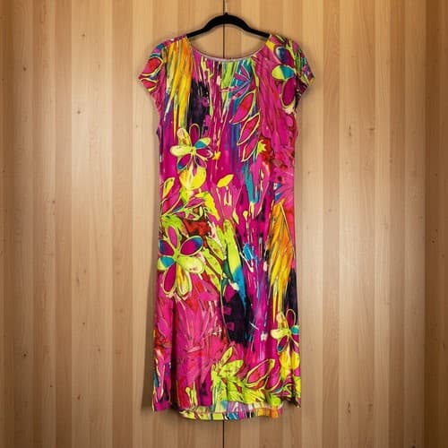 Alexia Floral Abstract Midi Dress Women's Size L Pink Yellow Short Sleeve Wrap - Thumbnail 2