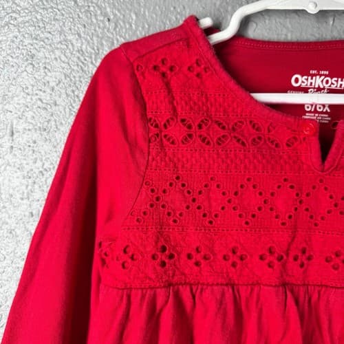 OshKosh B'gosh Girls Red Eyelet Lace Long Sleeve Pullover Shirt Size 6/6X Cotton - Thumbnail 3