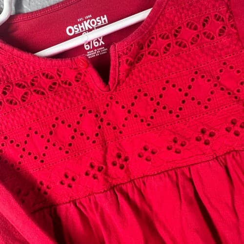 OshKosh B'gosh Girls Red Eyelet Lace Long Sleeve Pullover Shirt Size 6/6X Cotton - Thumbnail 5