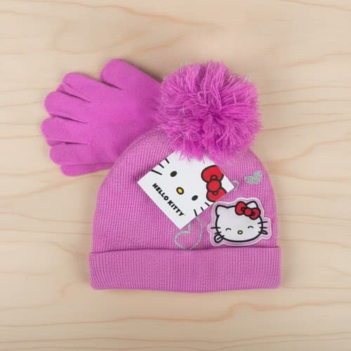 Sanrio Hello Kitty Girls Pink Beanie Hat & Gloves Set Big Girl 7-12 NWT Knit - Thumbnail 2